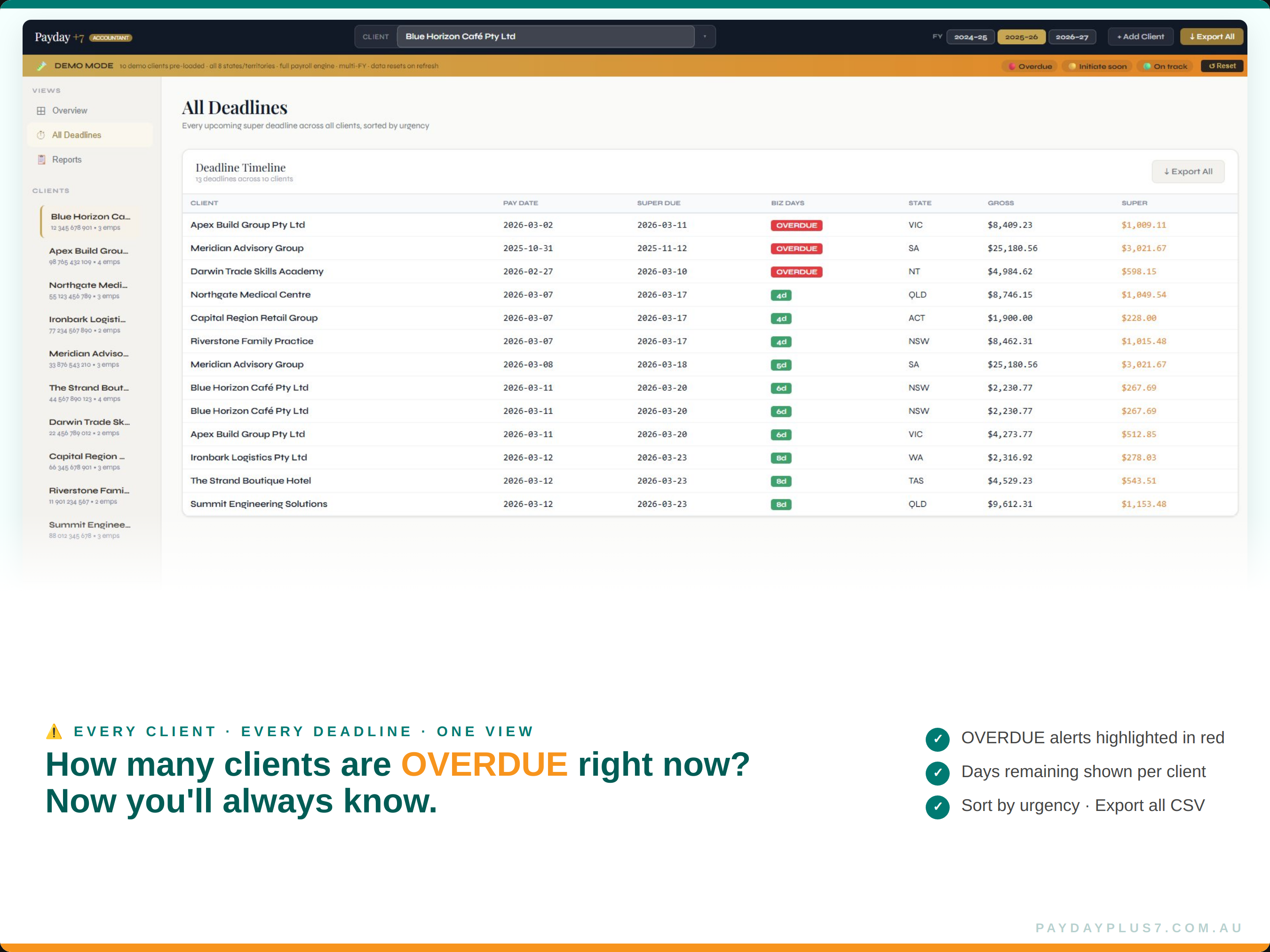 Software interface displaying a list of clients with deadlines, color-coded for urgency.