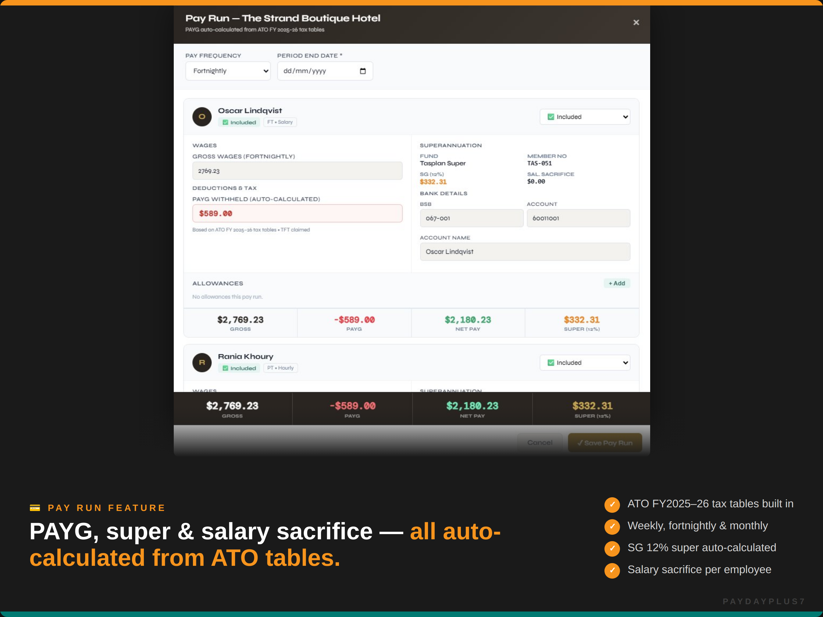 Screen displaying a financial application with tax calculation details on a black background