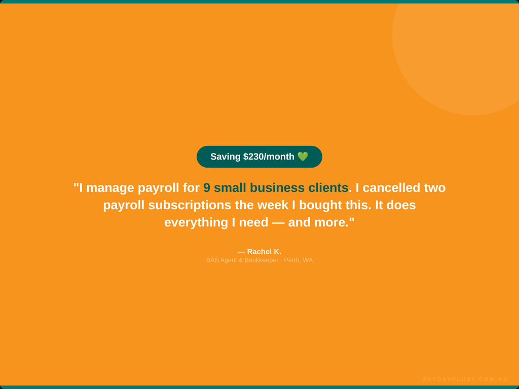 Orange background with text and a quote about payroll management and savings.