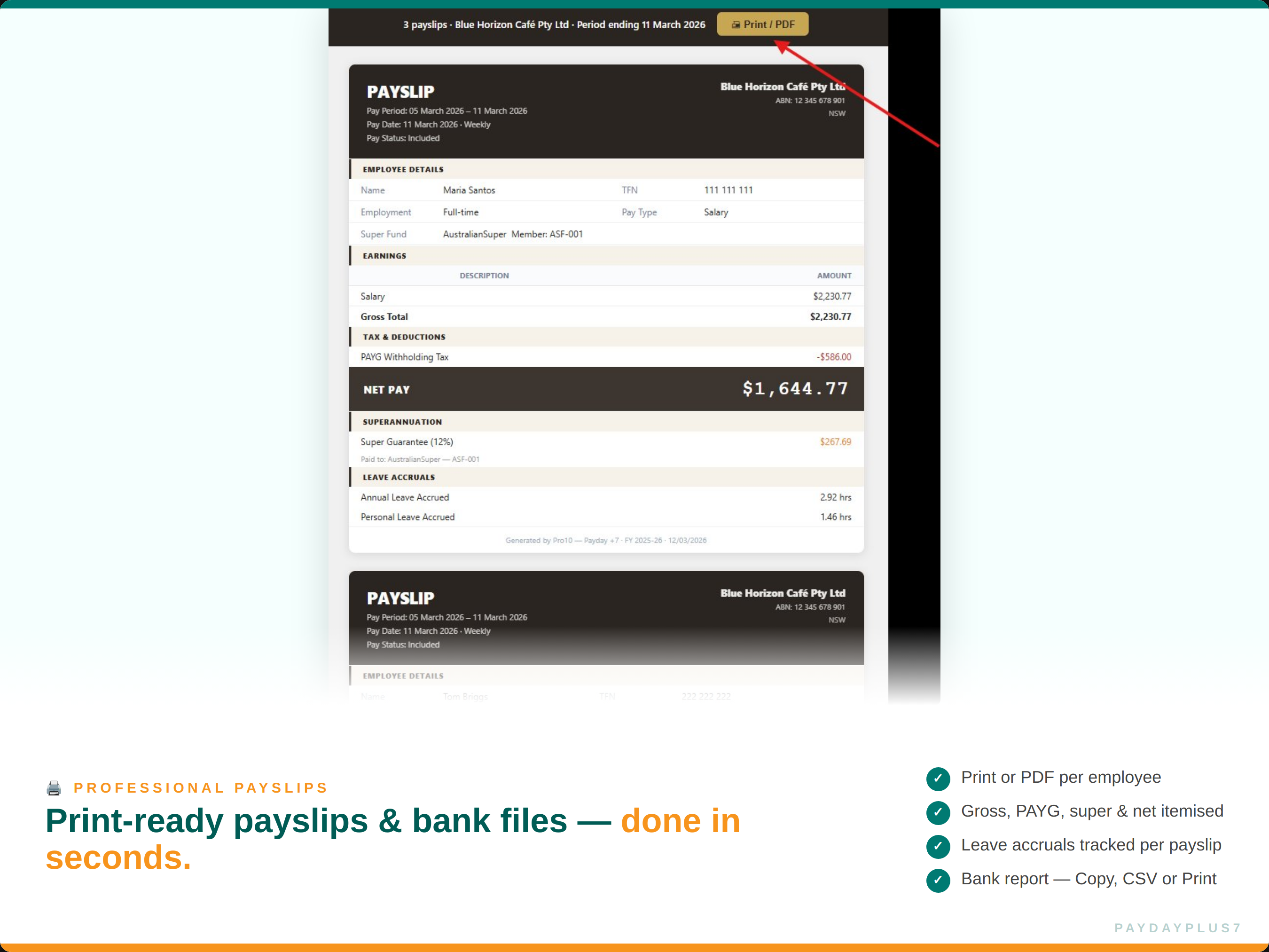 Screen displaying a payslip with text about print-ready payslips and bank files.