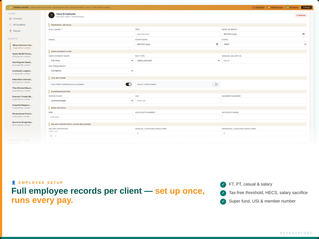 Software interface with employee records setup options on a computer screen