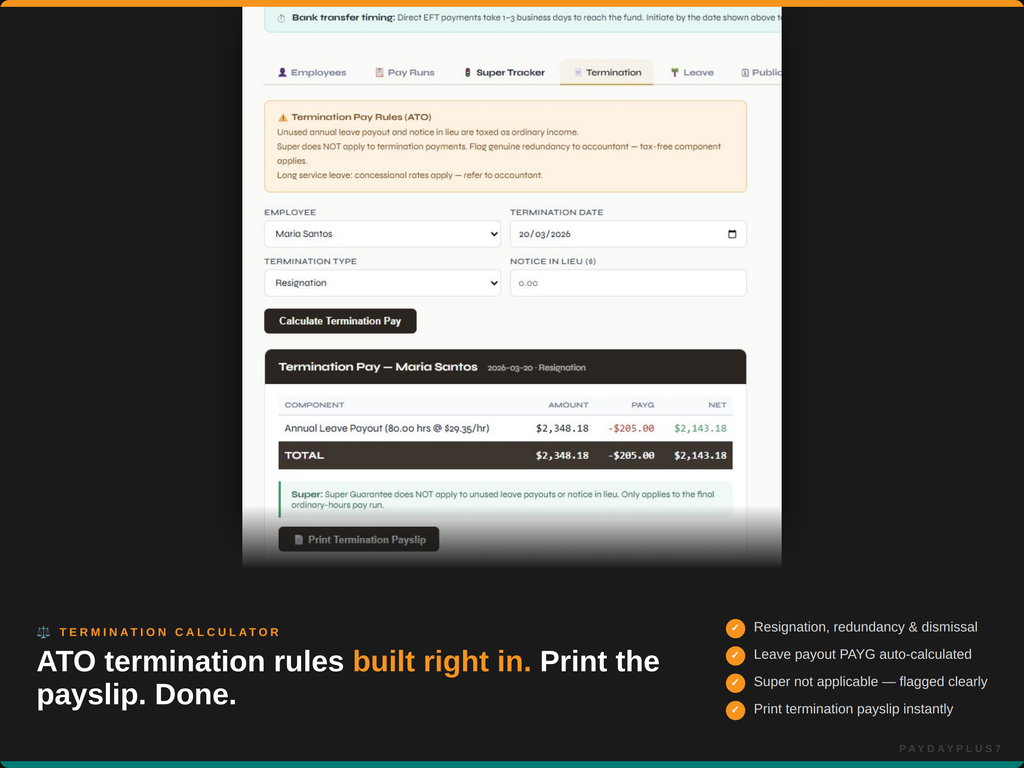 Software interface for calculating termination pay with ATO rules integration.