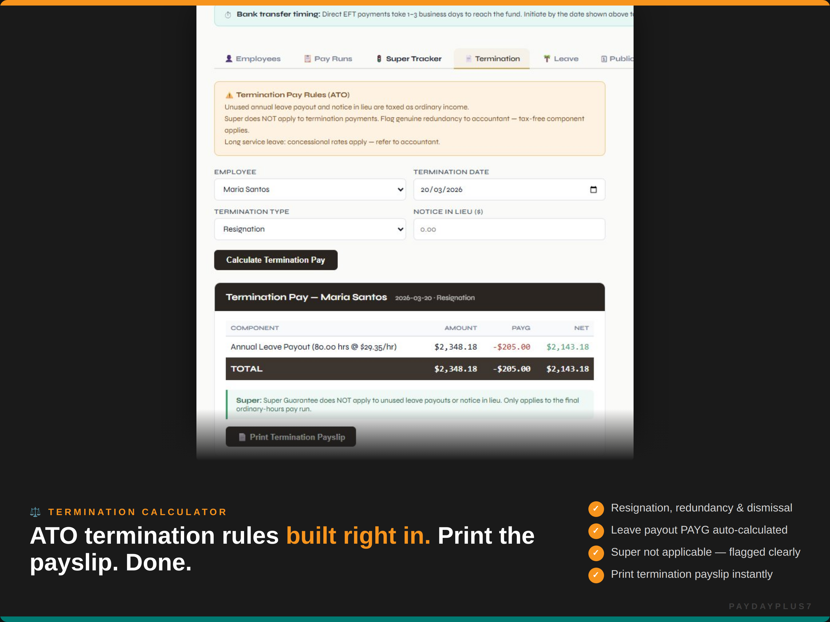 Software interface for calculating termination pay with ATO rules integration.