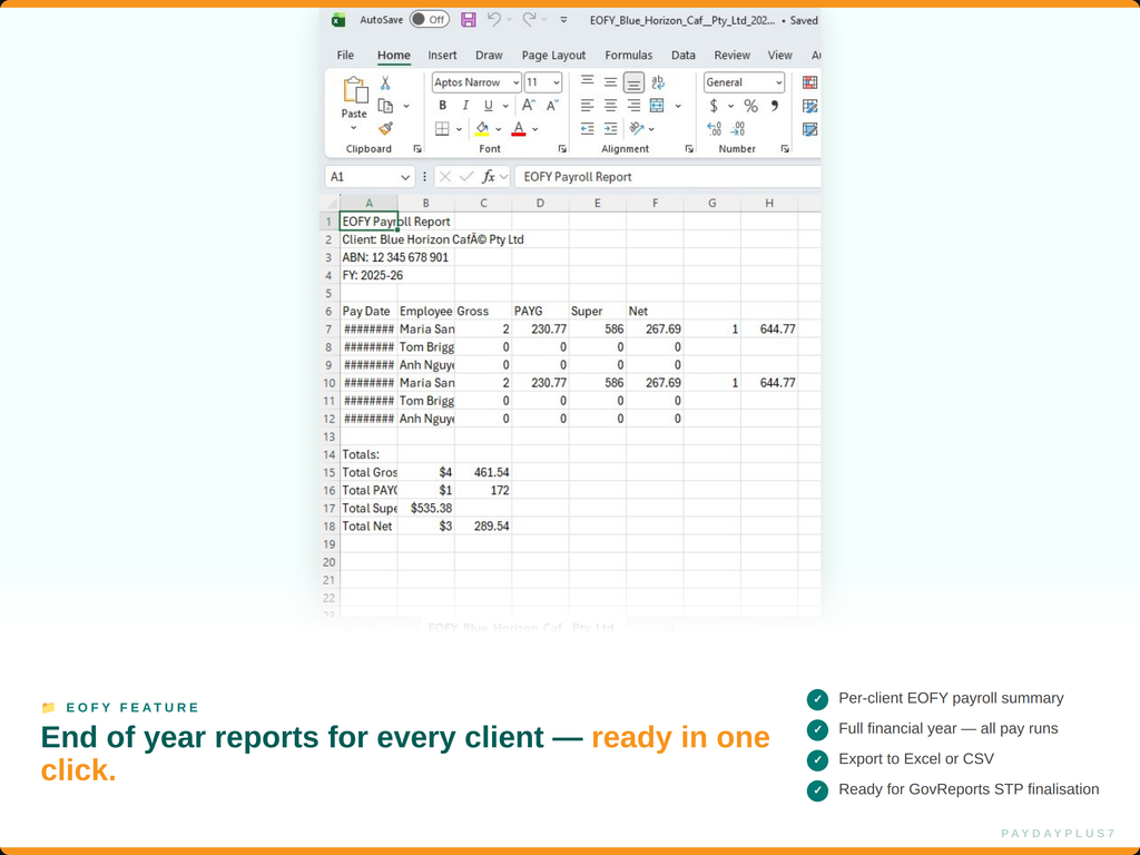 Software interface displaying a payroll report with text about EOFY features.