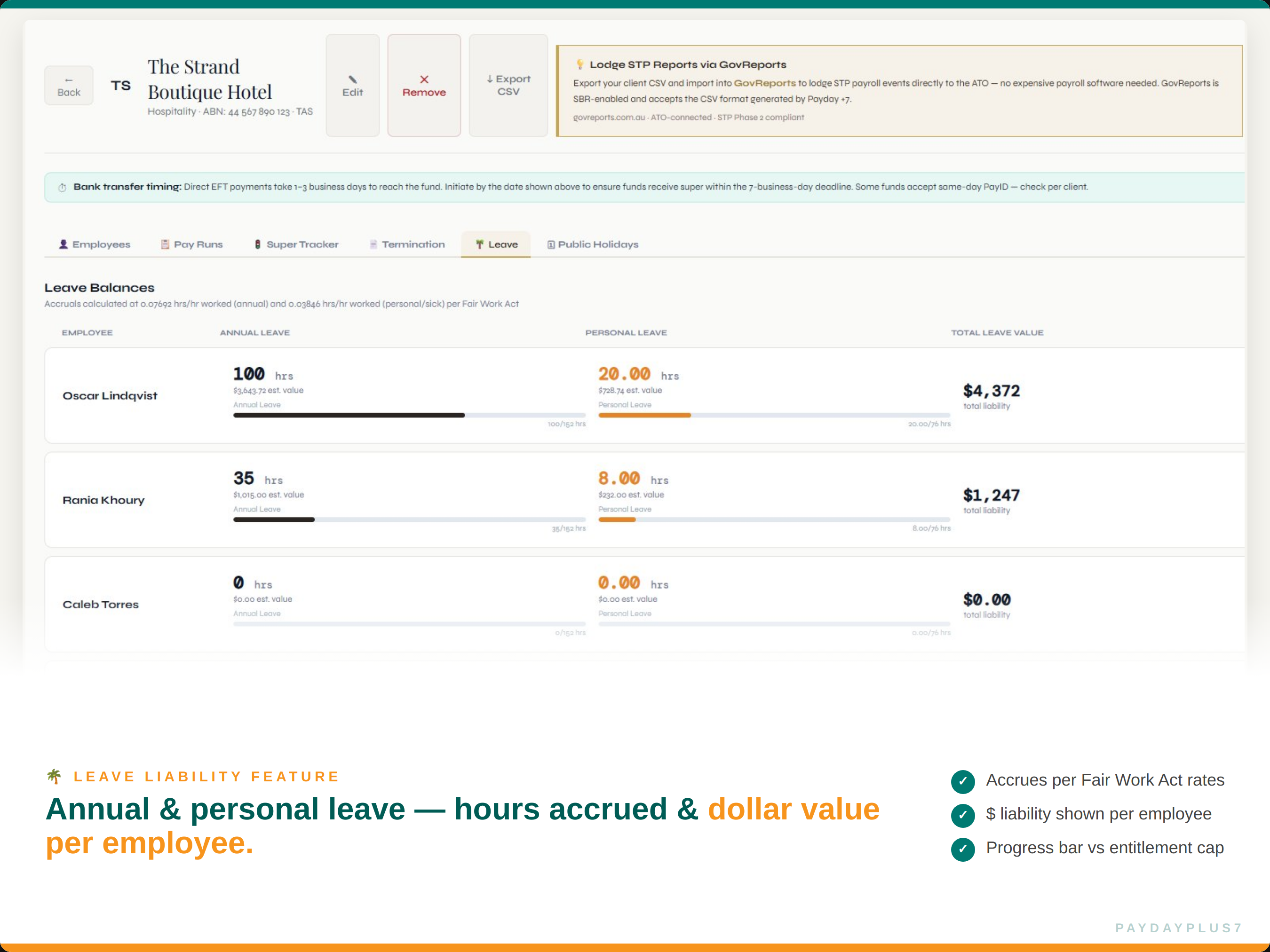 Screenshot of a leave liability feature report for The Strand Boutique Hotel, showing leave balances and liabilities.