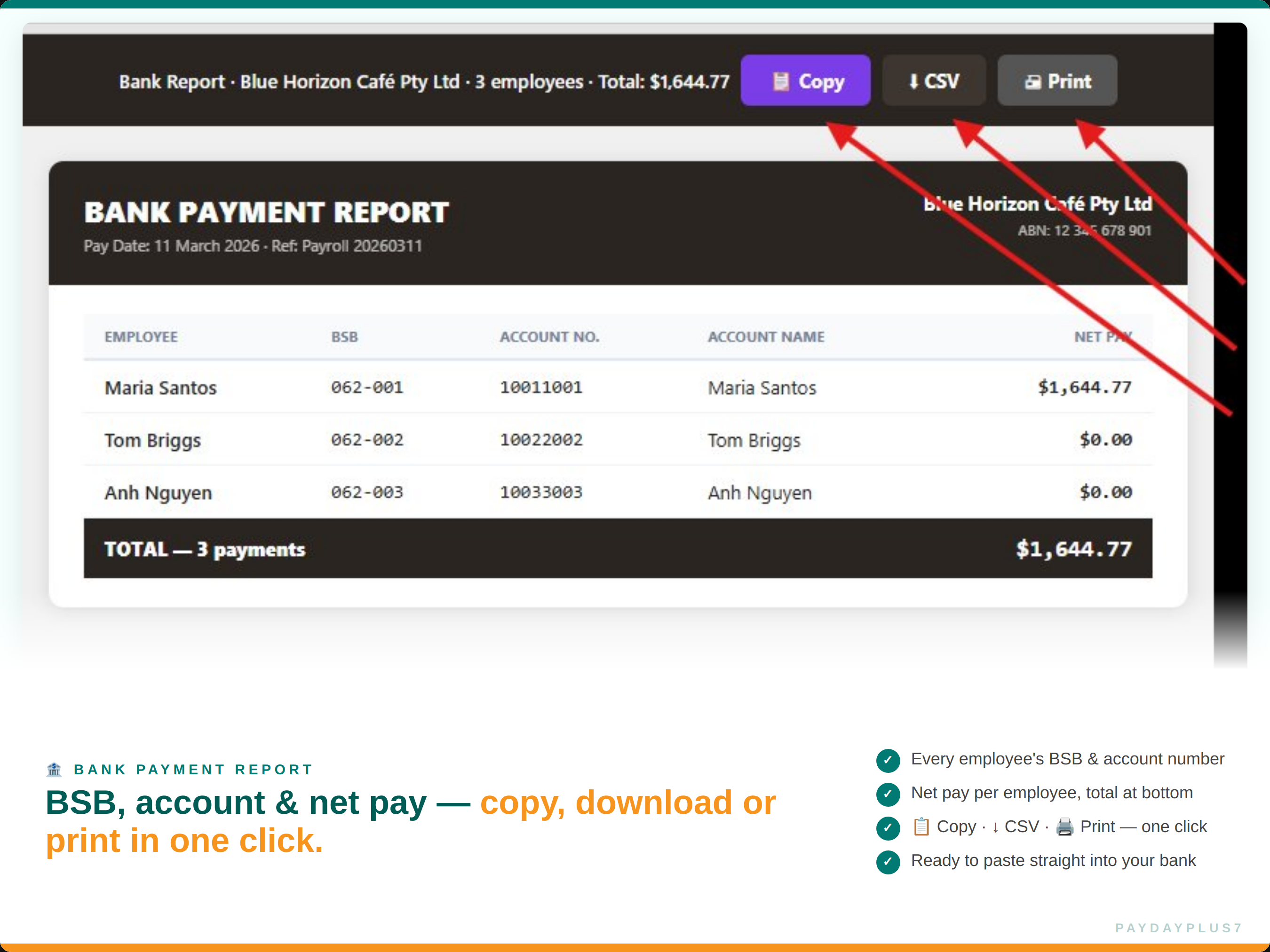 Bank payment report on a computer screen with red arrows pointing to different parts of the report.