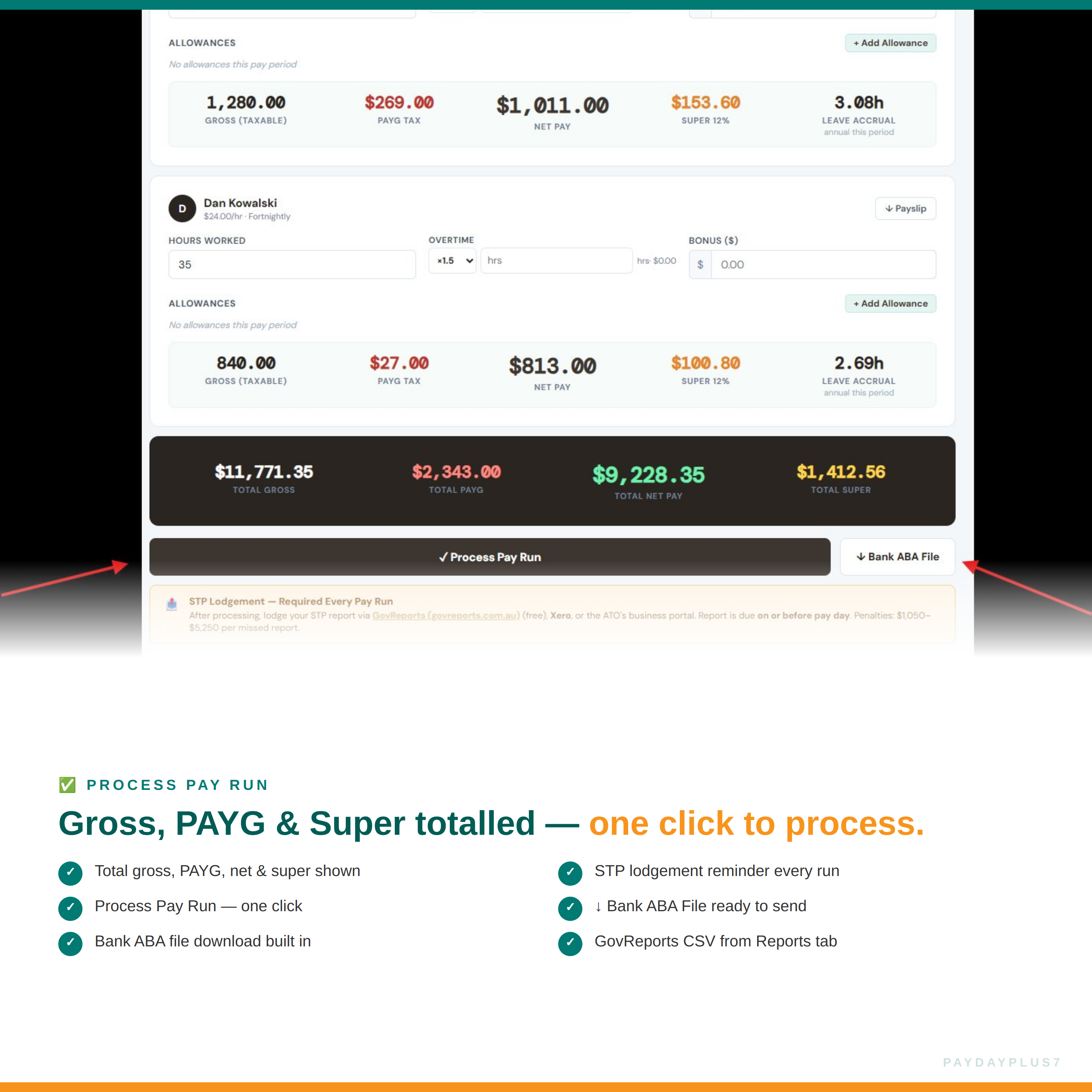 Financial software interface displaying pay run totals with process pay run button.