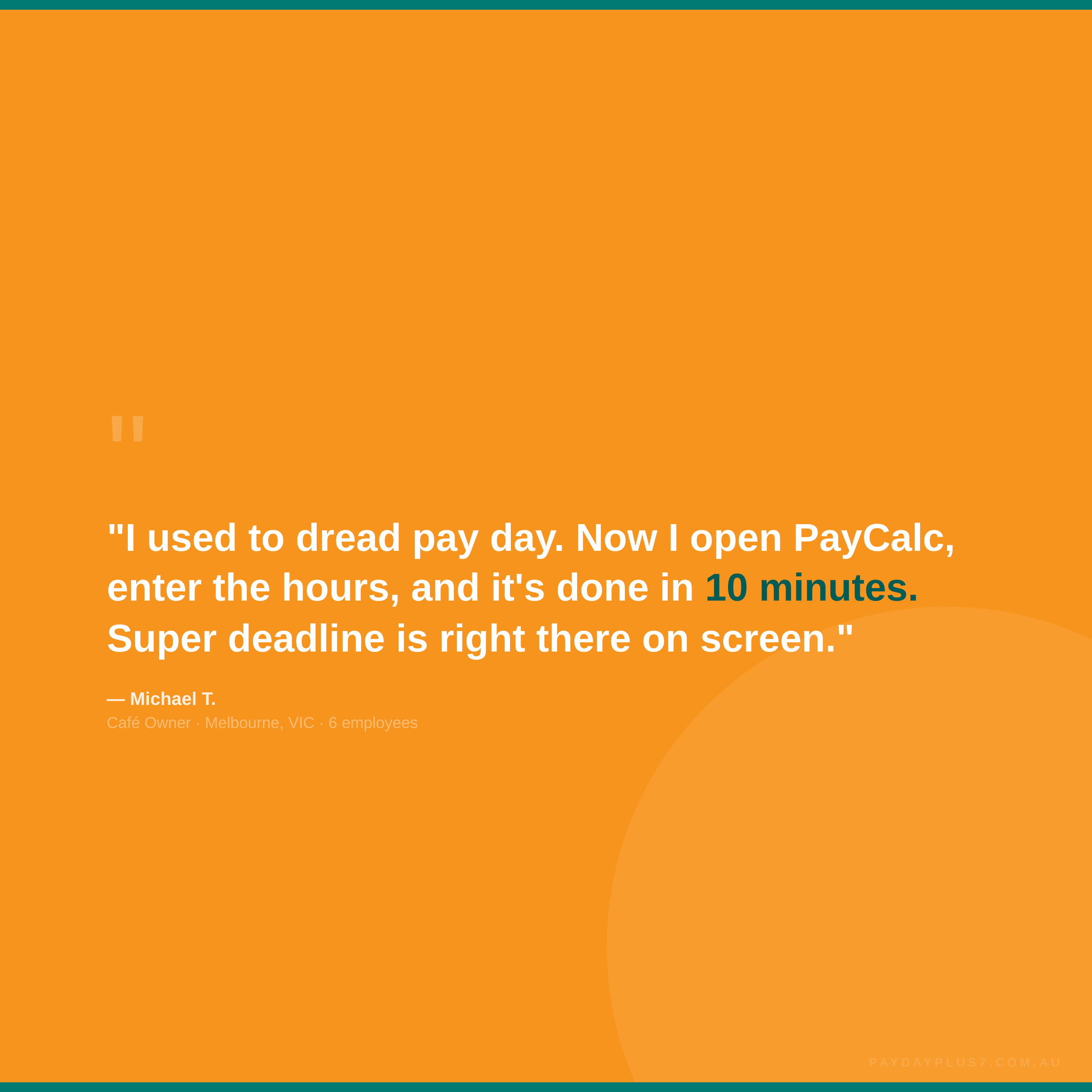 Orange background with a quote about using PayCalc for payroll processing.