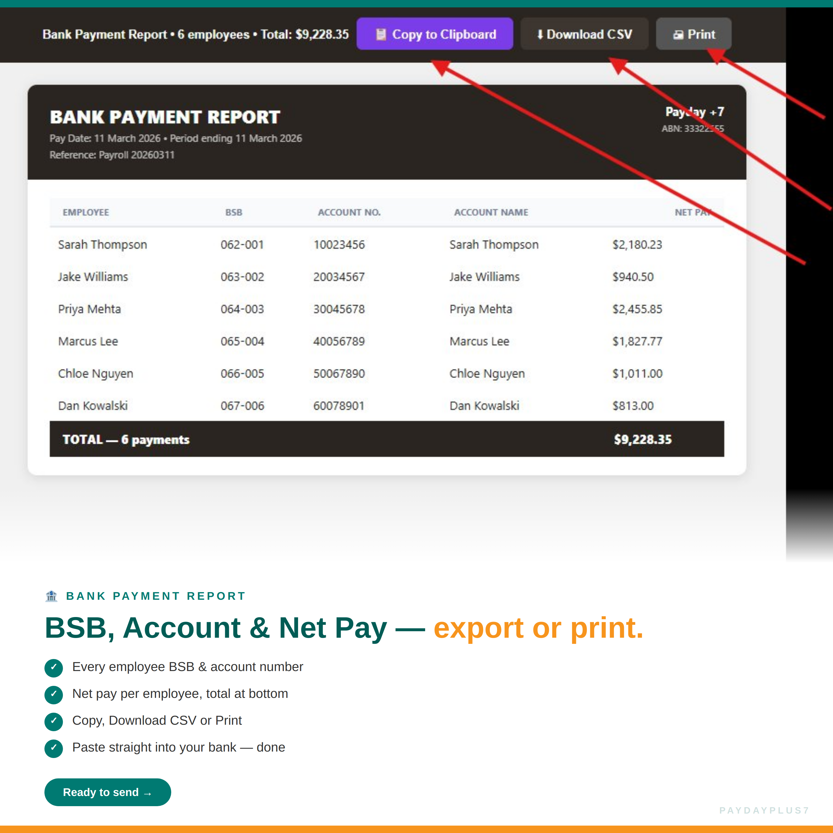 Bank payment report with options to copy, download CSV, or print.