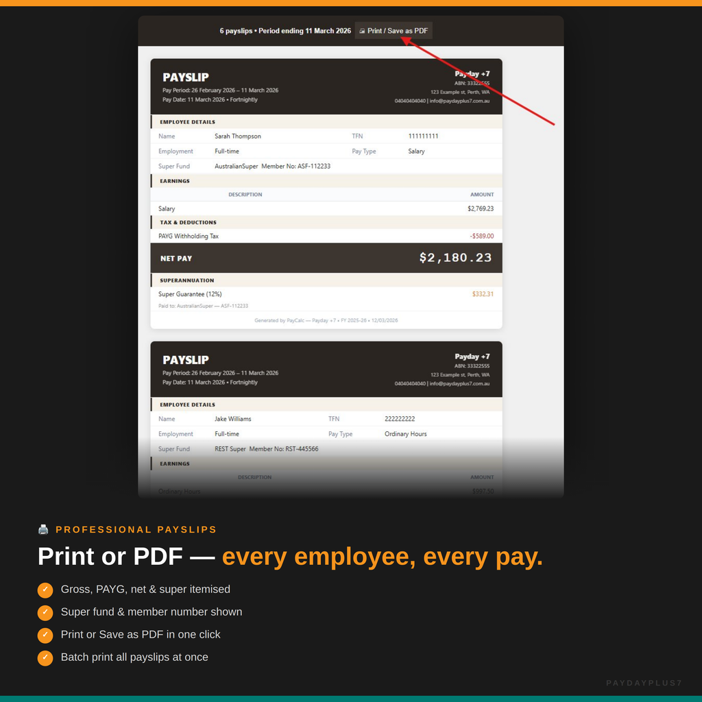 Screen displaying payslips with text about professional payslips and printing options.