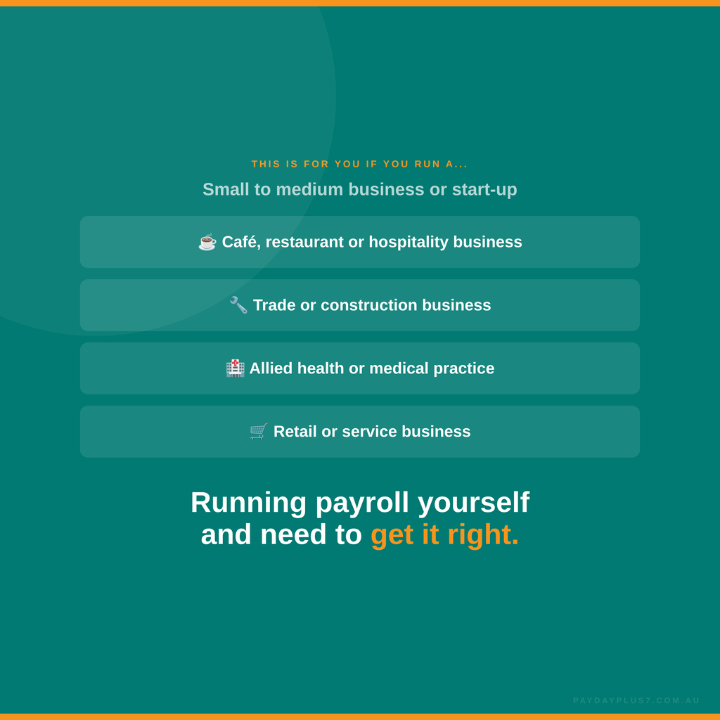 Teal background with text for small to medium businesses or startups needing payroll management.