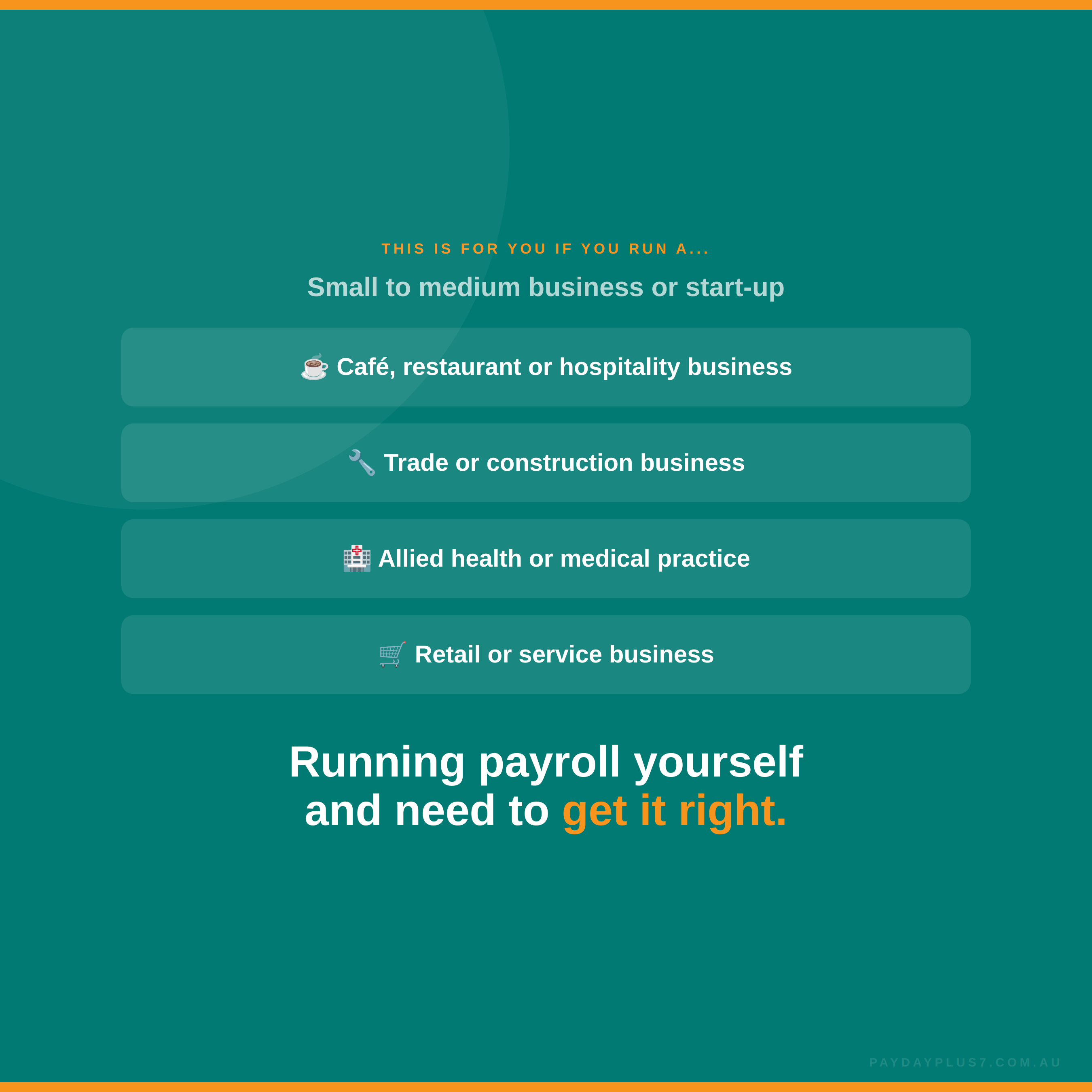 Teal background with text for small to medium businesses or startups needing payroll management.