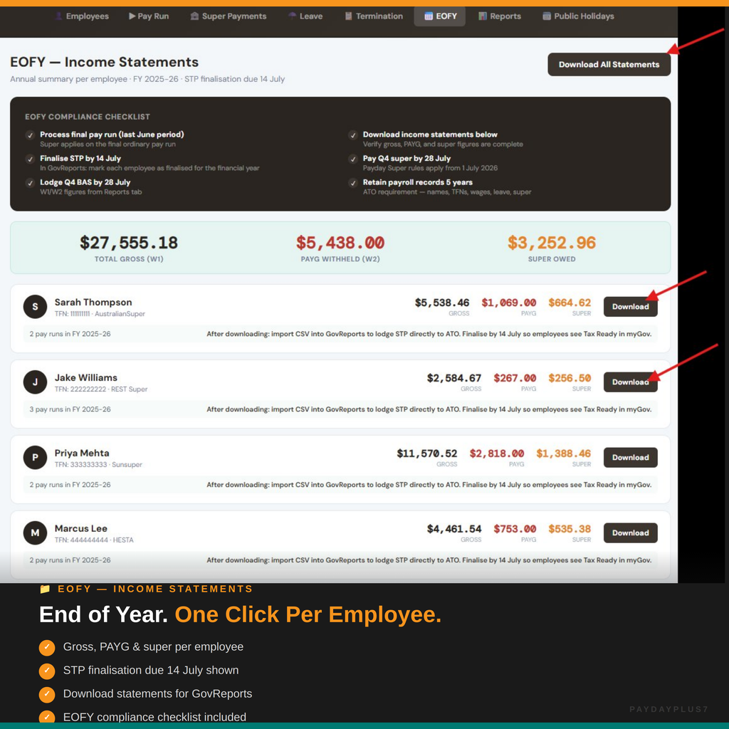 Screen capture of a software interface displaying income statements with employee names and amounts.