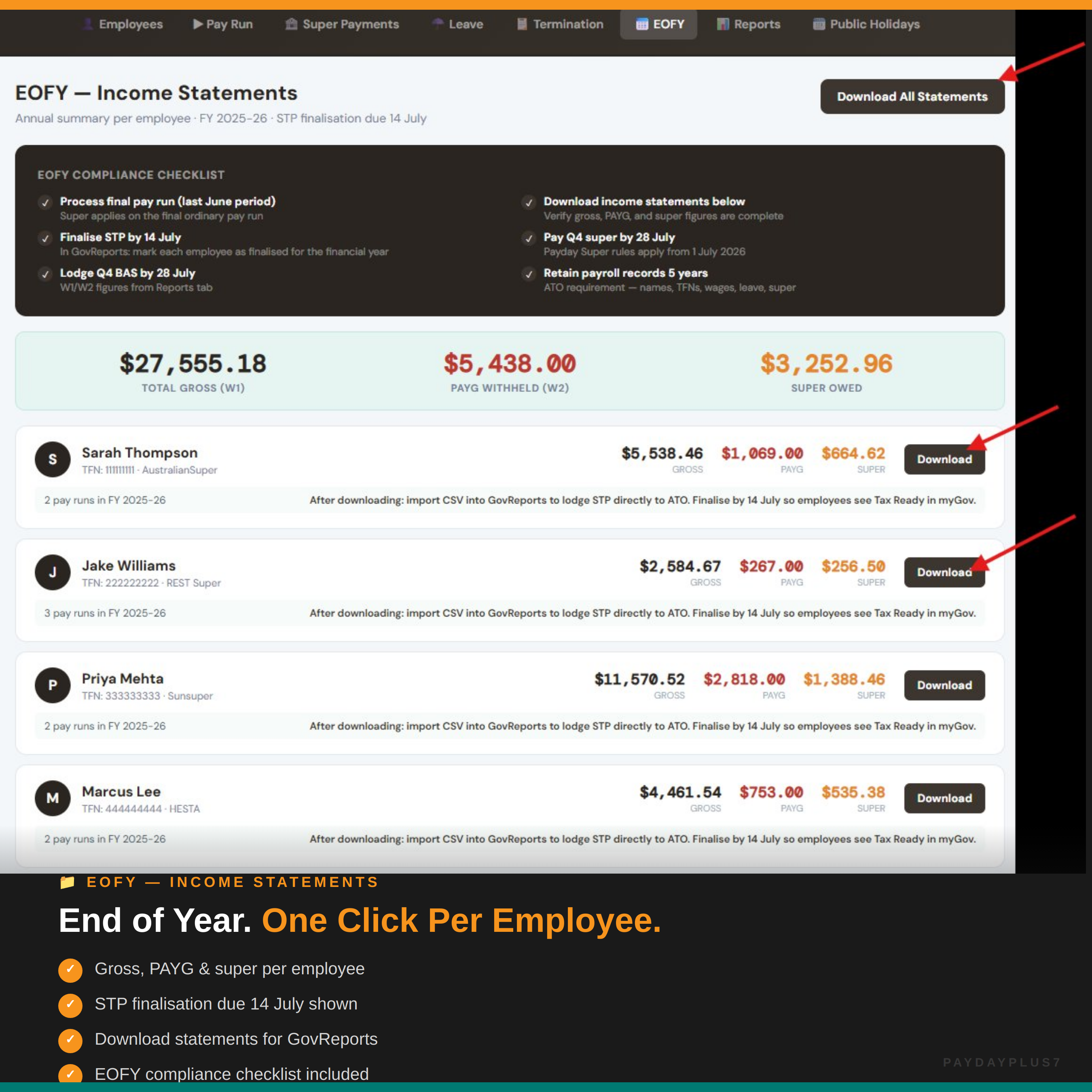 Screen capture of a software interface displaying income statements with employee names and amounts.