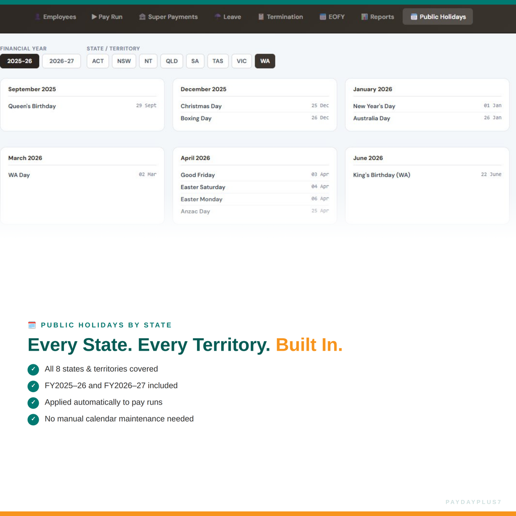 Calendar view with public holidays for different states and territories displayed.