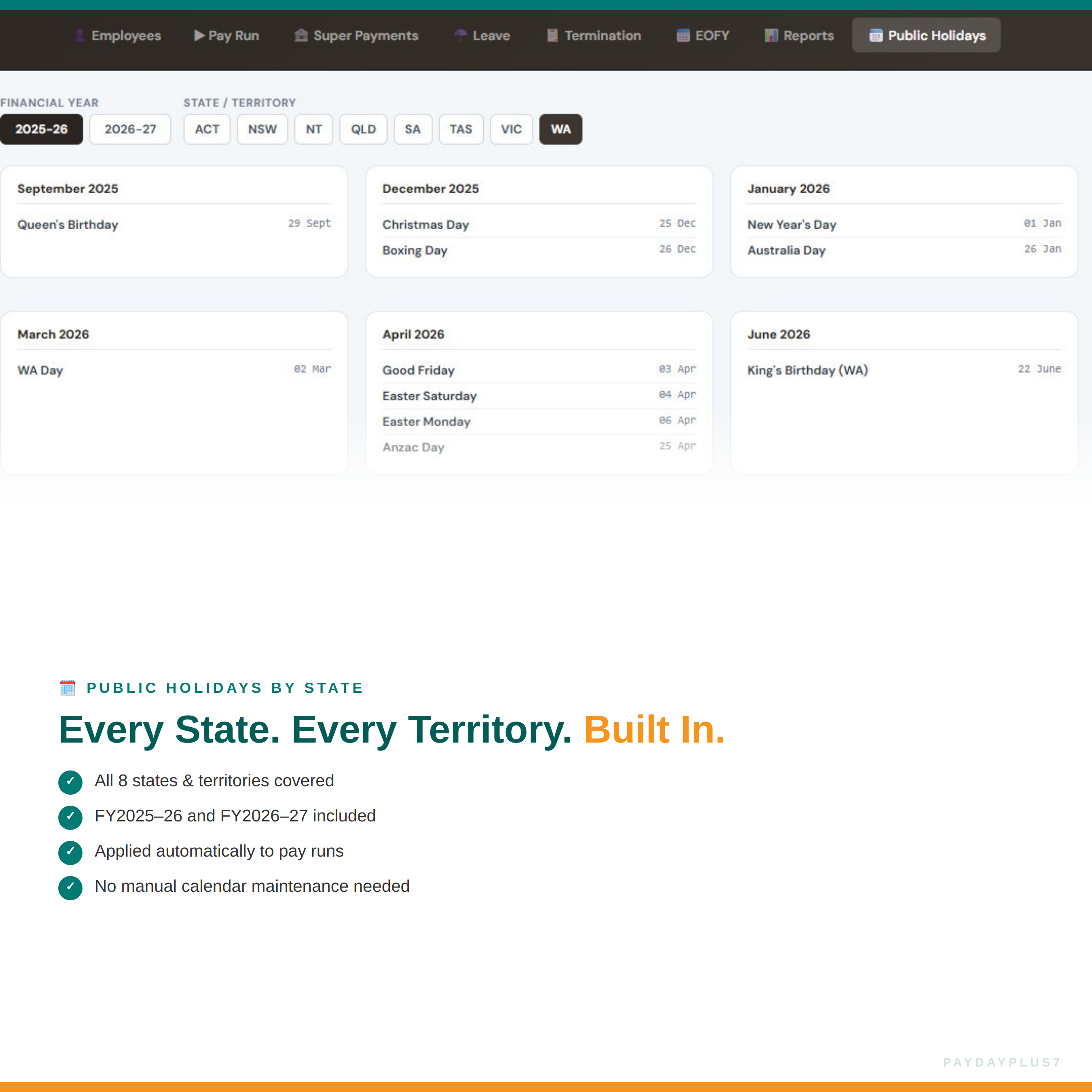 Calendar view with public holidays for different states and territories displayed.