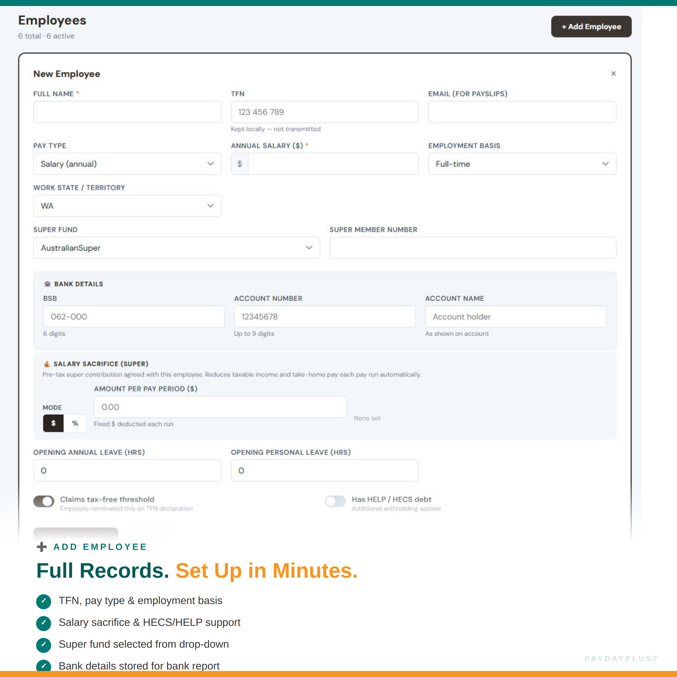 Employee information form on a computer screen with text about setting up employee records.