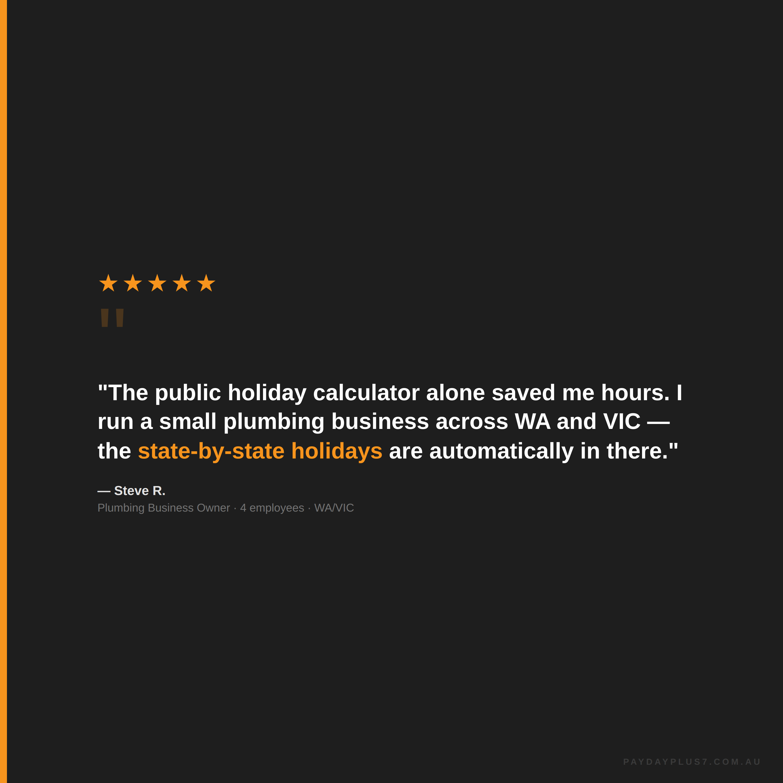 Five-star rating with a quote about a public holiday calculator from a plumbing business owner.