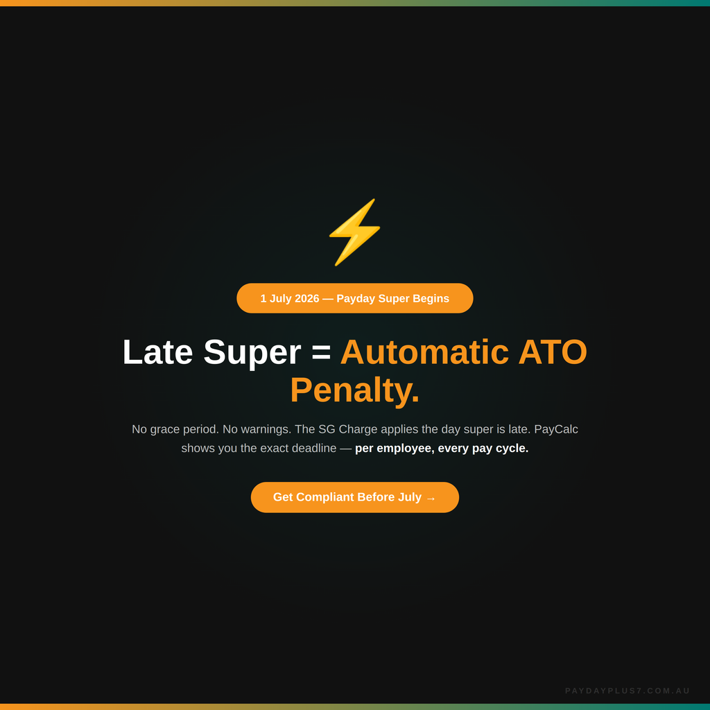 Warning about late superannuation contributions with a lightning bolt icon on a black background.