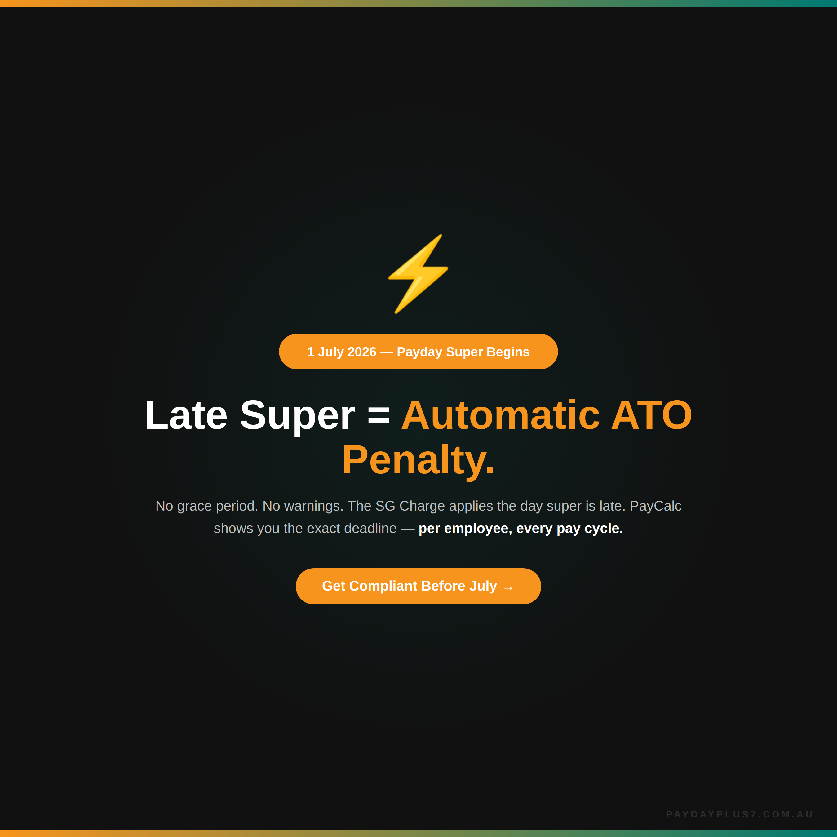 Warning about late superannuation contributions with a lightning bolt icon on a black background.