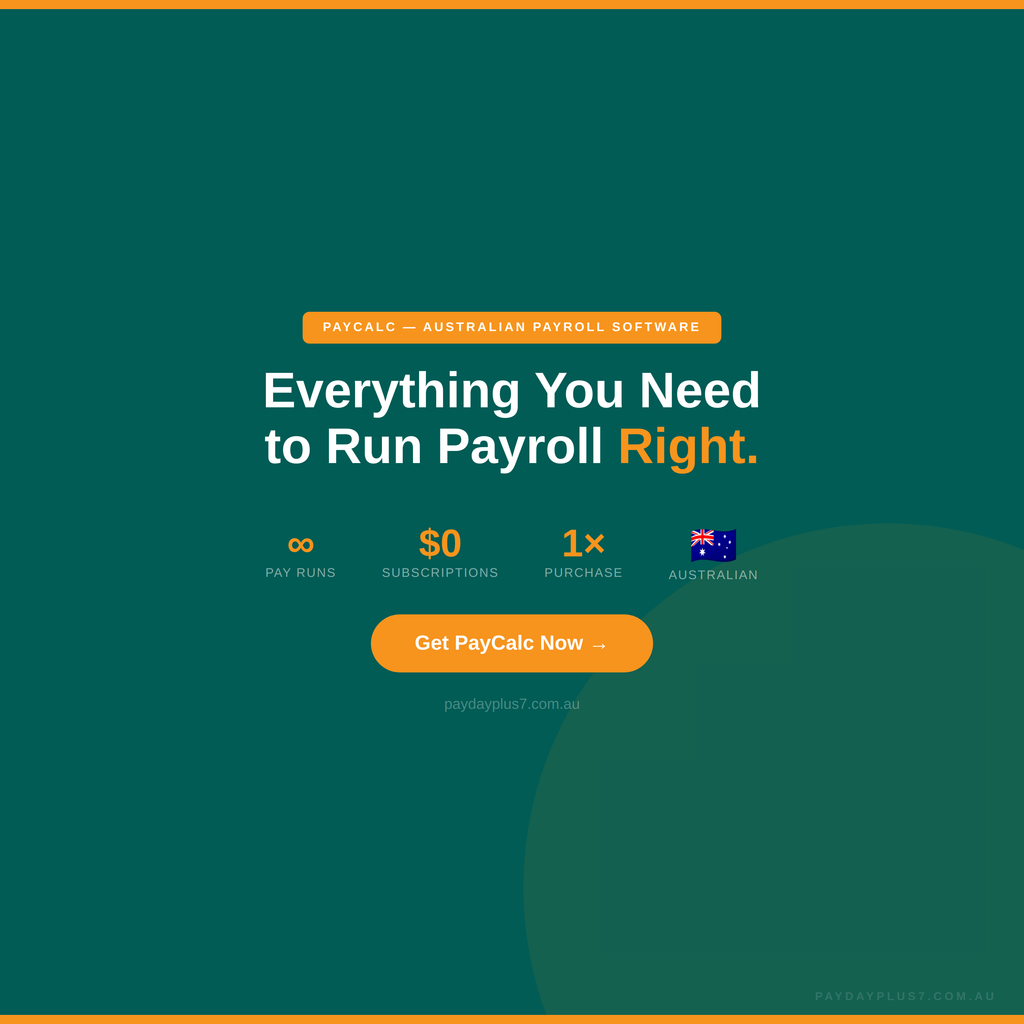 Promotional graphic for Paycalc Australian Payroll Software with a green background and orange text.