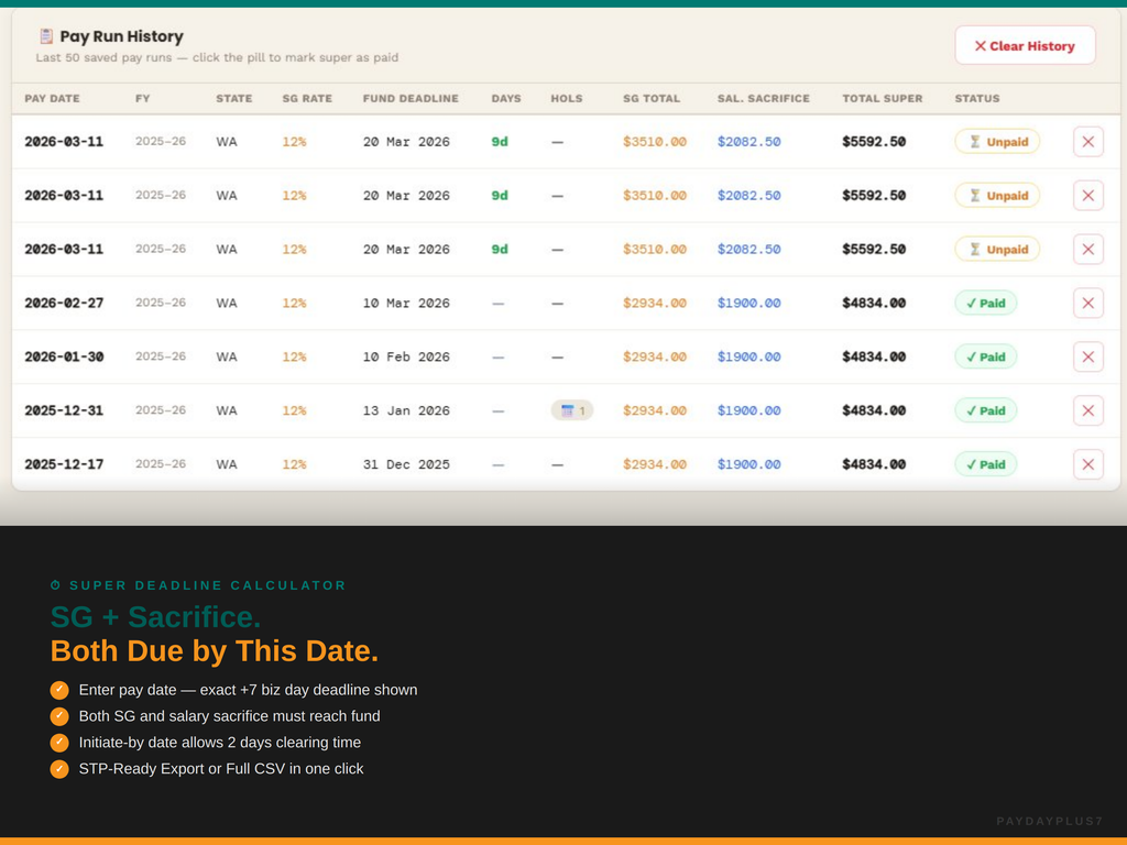 Pay Run History screen with financial data on a computer interface