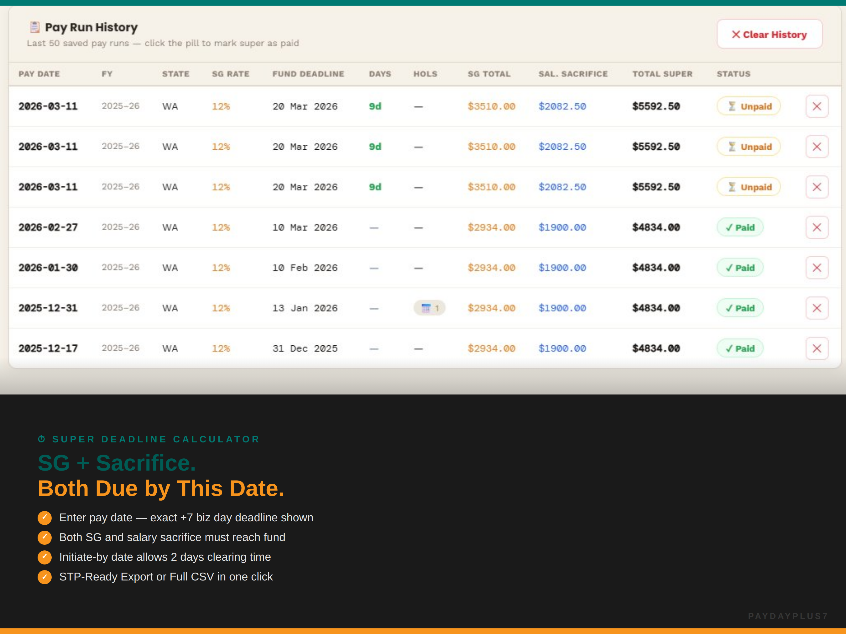 Pay Run History screen with financial data on a computer interface