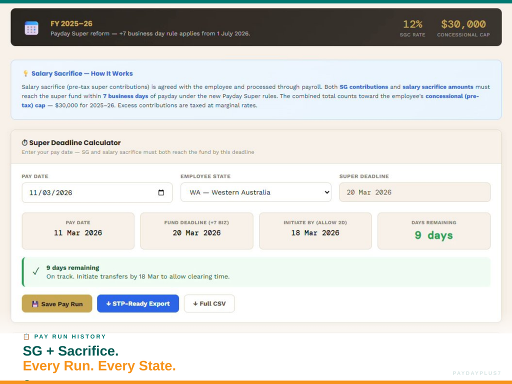 Screen capture of a financial planning tool with salary sacrifice and superannuation information.