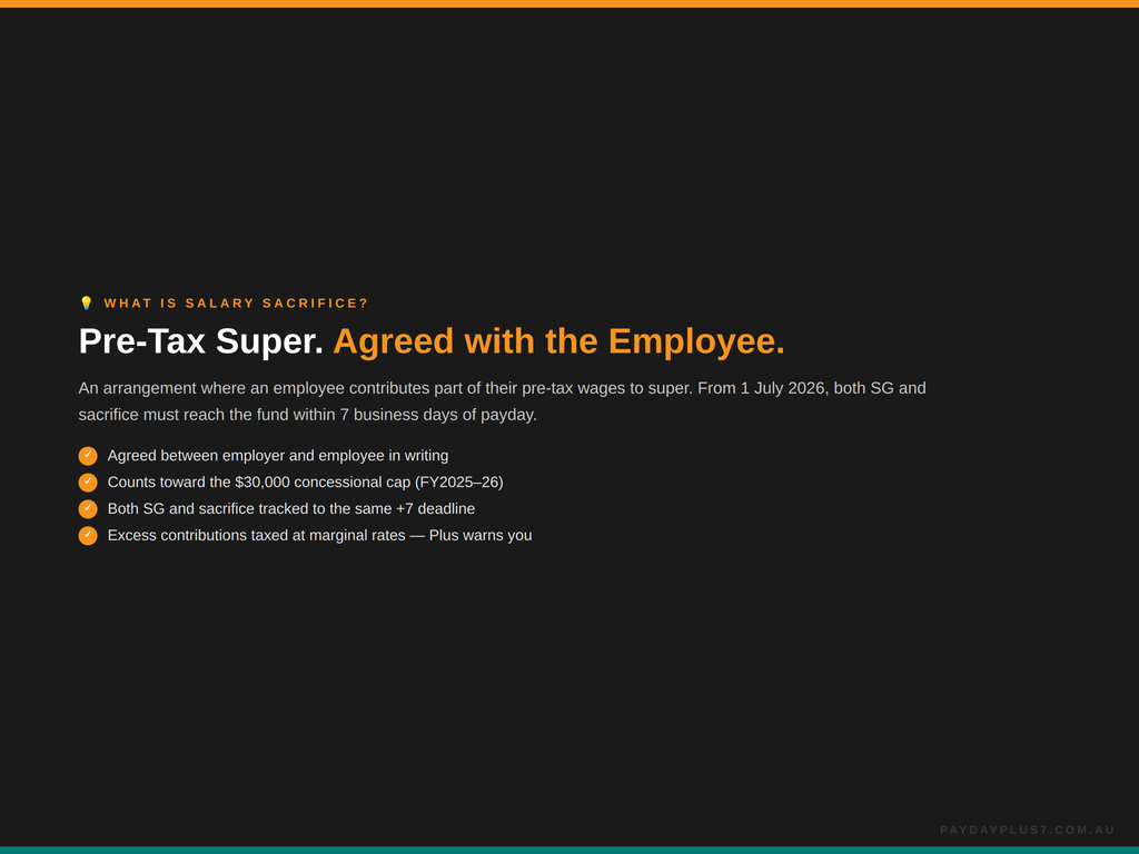 Text explaining salary sacrifice for pre-tax superannuation on a black background