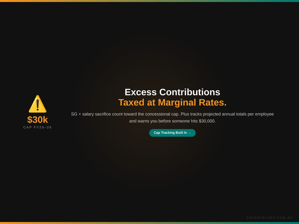 Warning message about excess contributions taxed at marginal rates on a black background