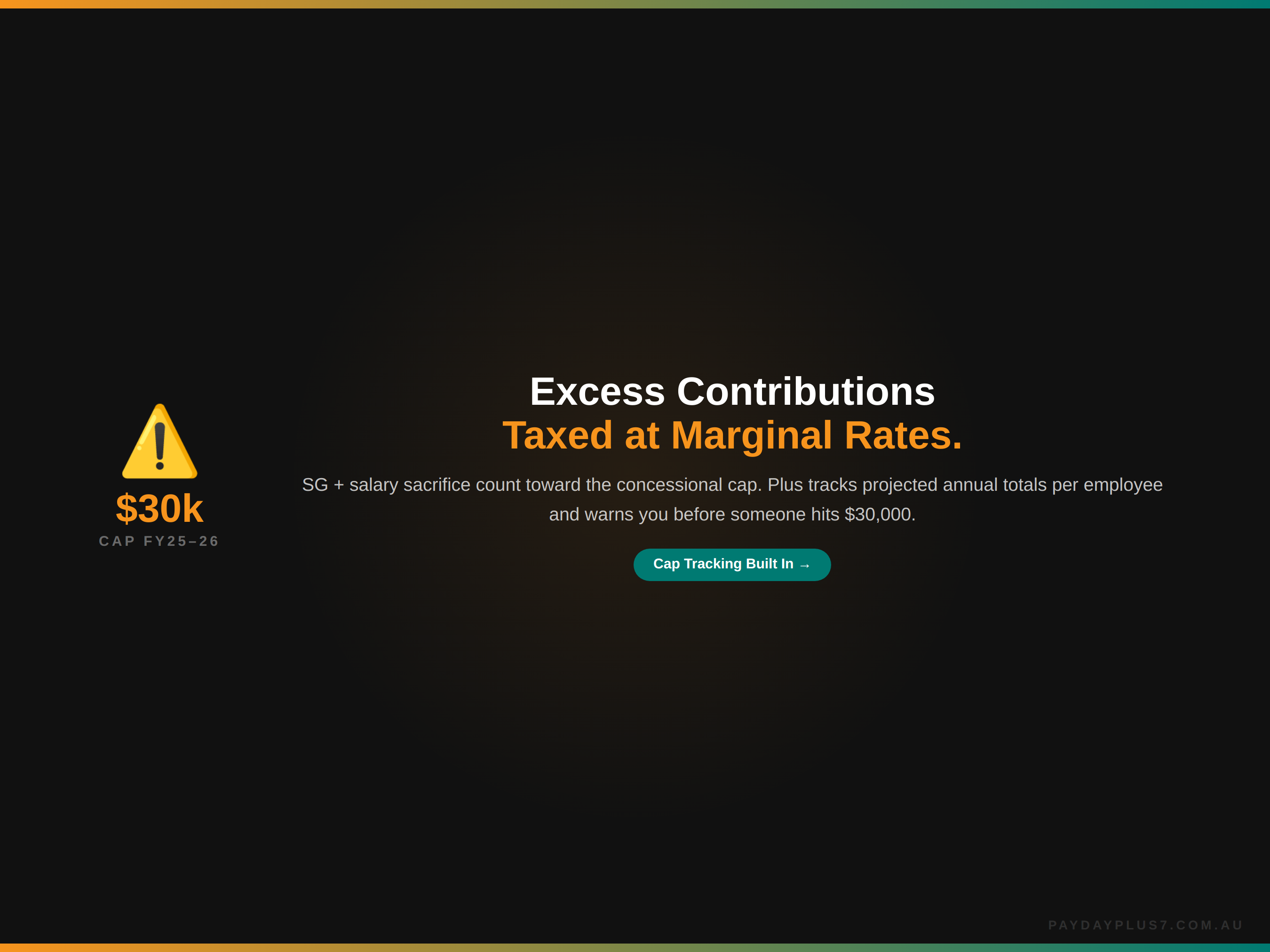 Warning message about excess contributions taxed at marginal rates on a black background