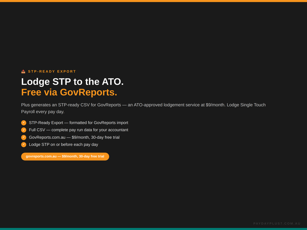 Promotional text for STP-ready export to ATO via GovReports on a black background