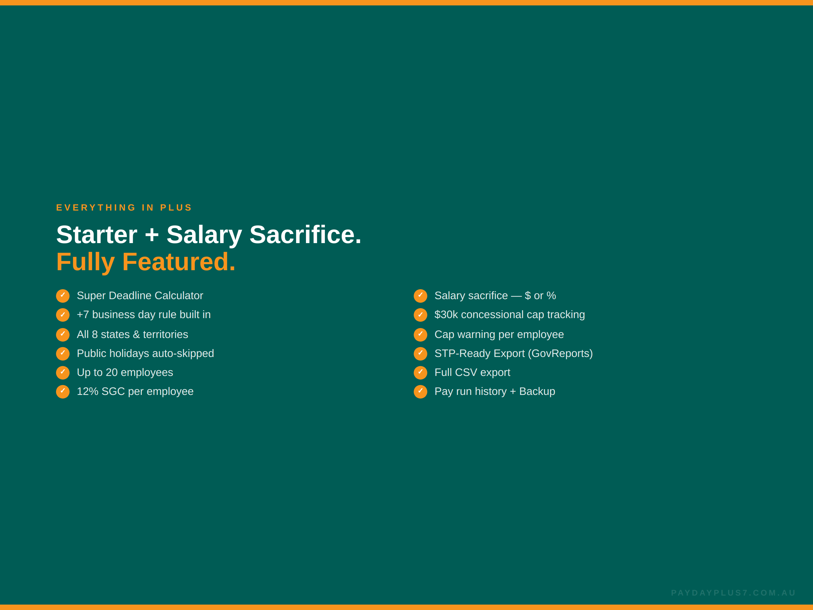 Green screen with text about starter and salary sacrifice features on a software product.