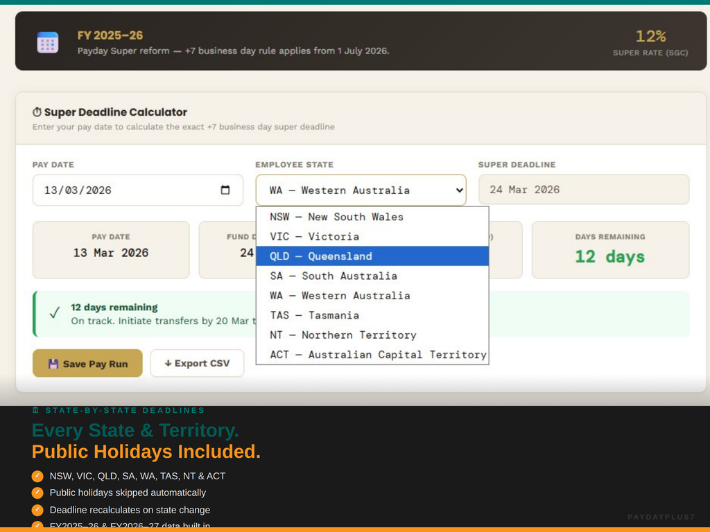 Screen capture of a payroll software with state selection dropdown menu