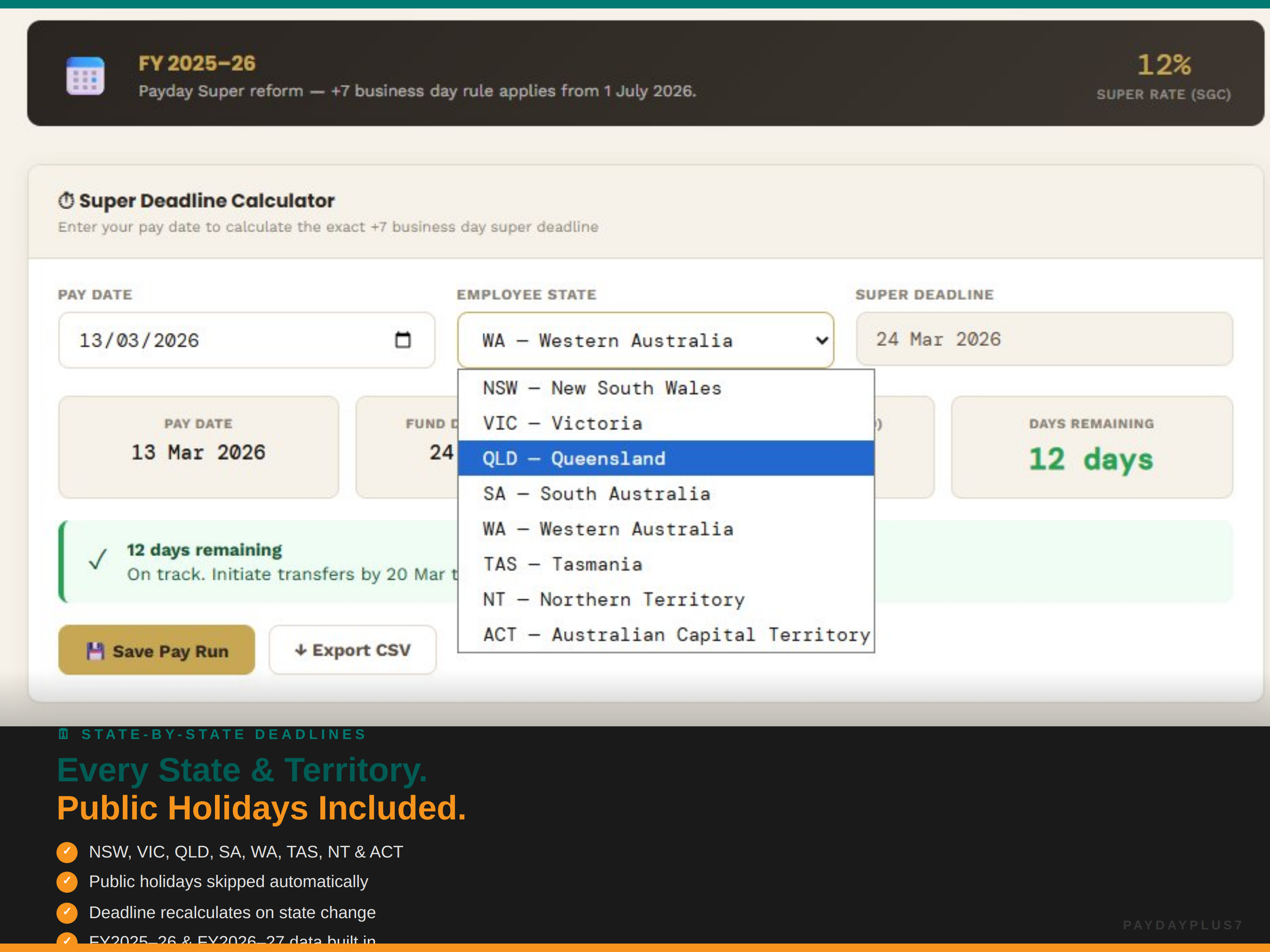 Screen capture of a payroll software with state selection dropdown menu