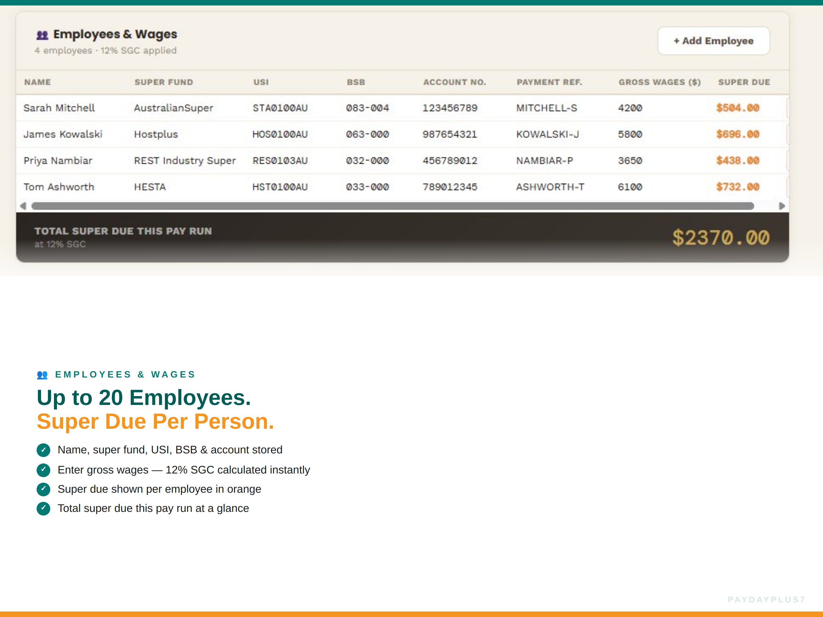 Payroll software interface displaying employee wages and super fund contributions.