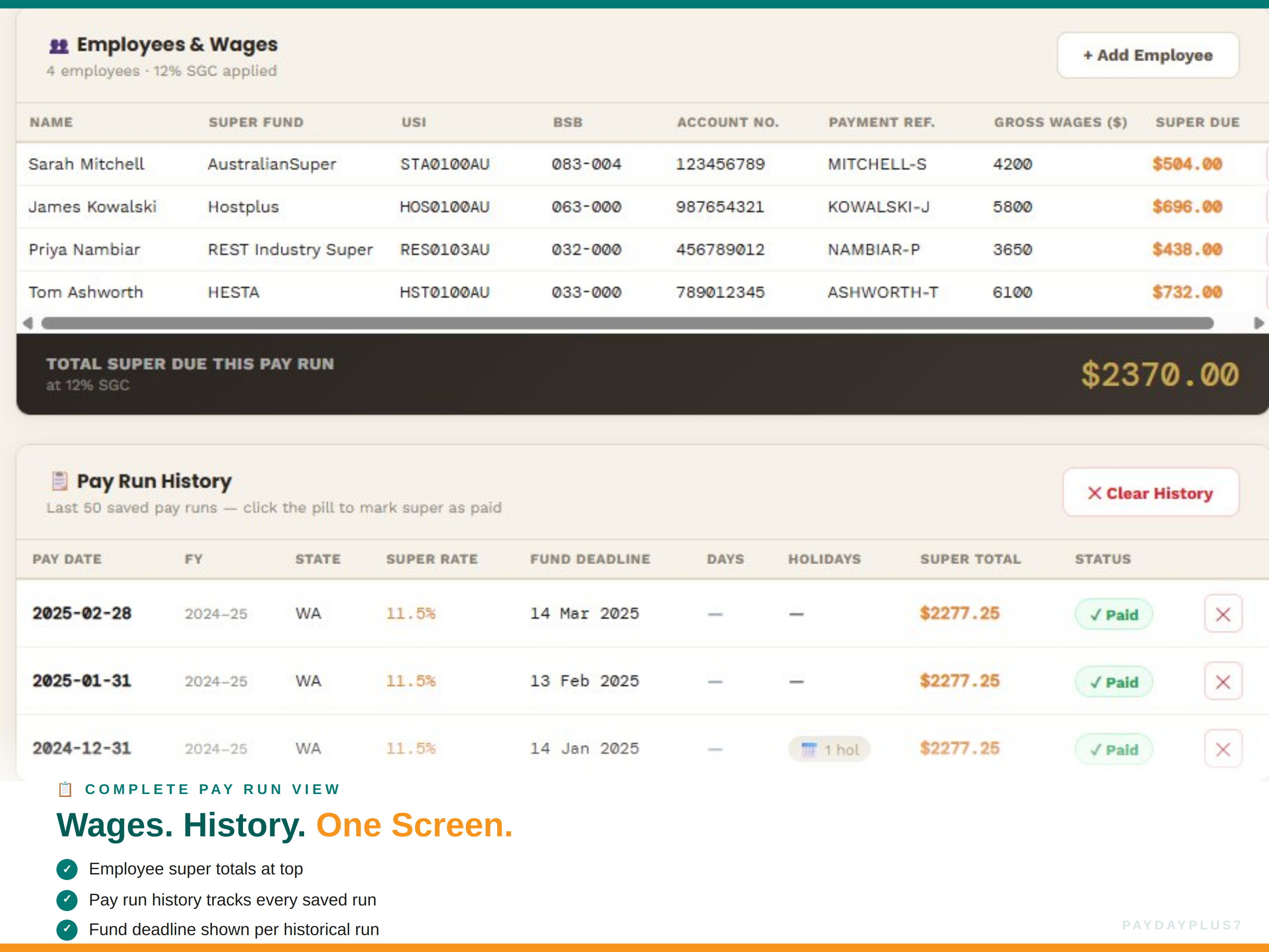 Payroll software interface showing employee details and pay run history.