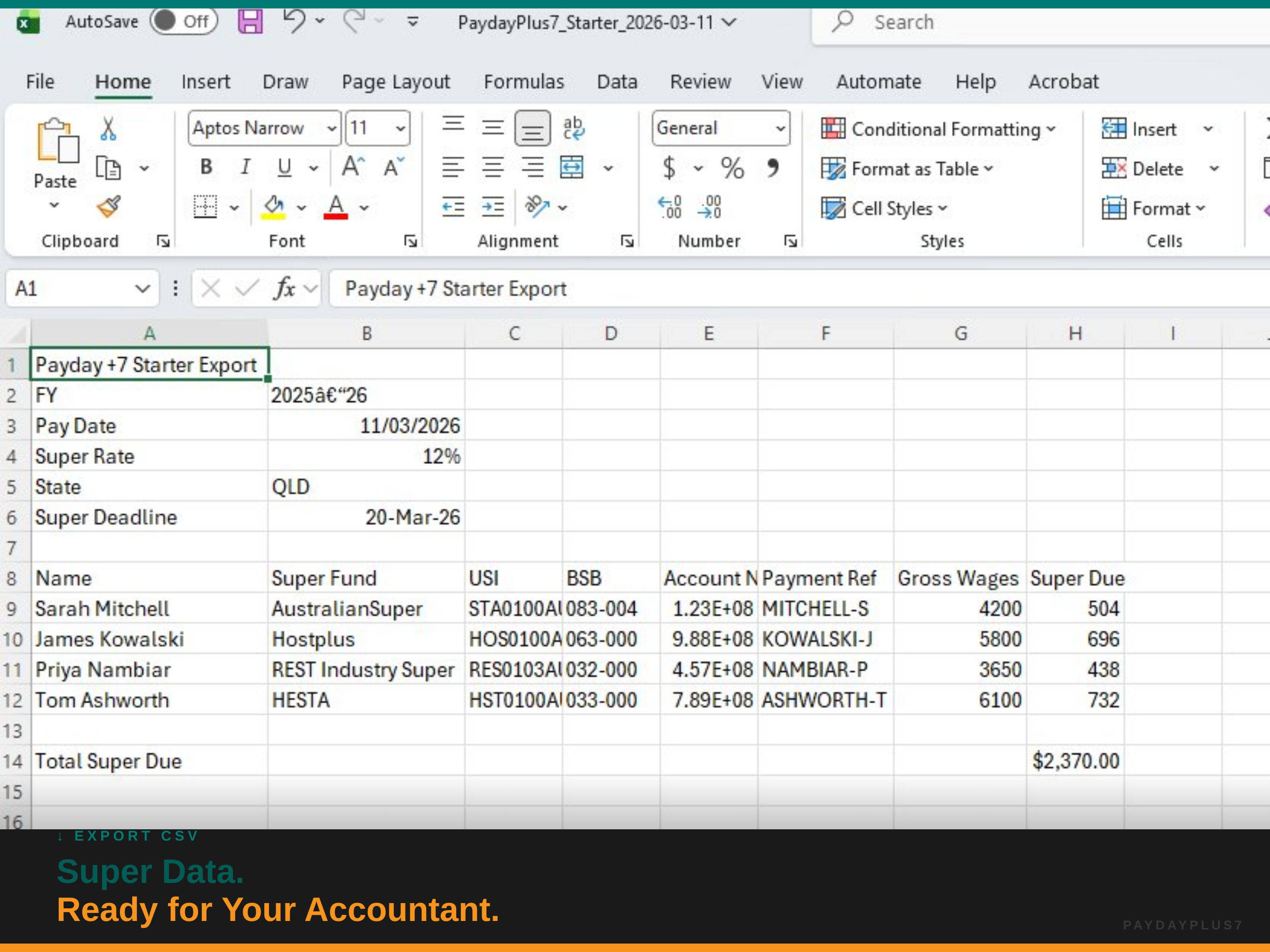 Spreadsheet software interface with a Payday+7 Starter Export document open.