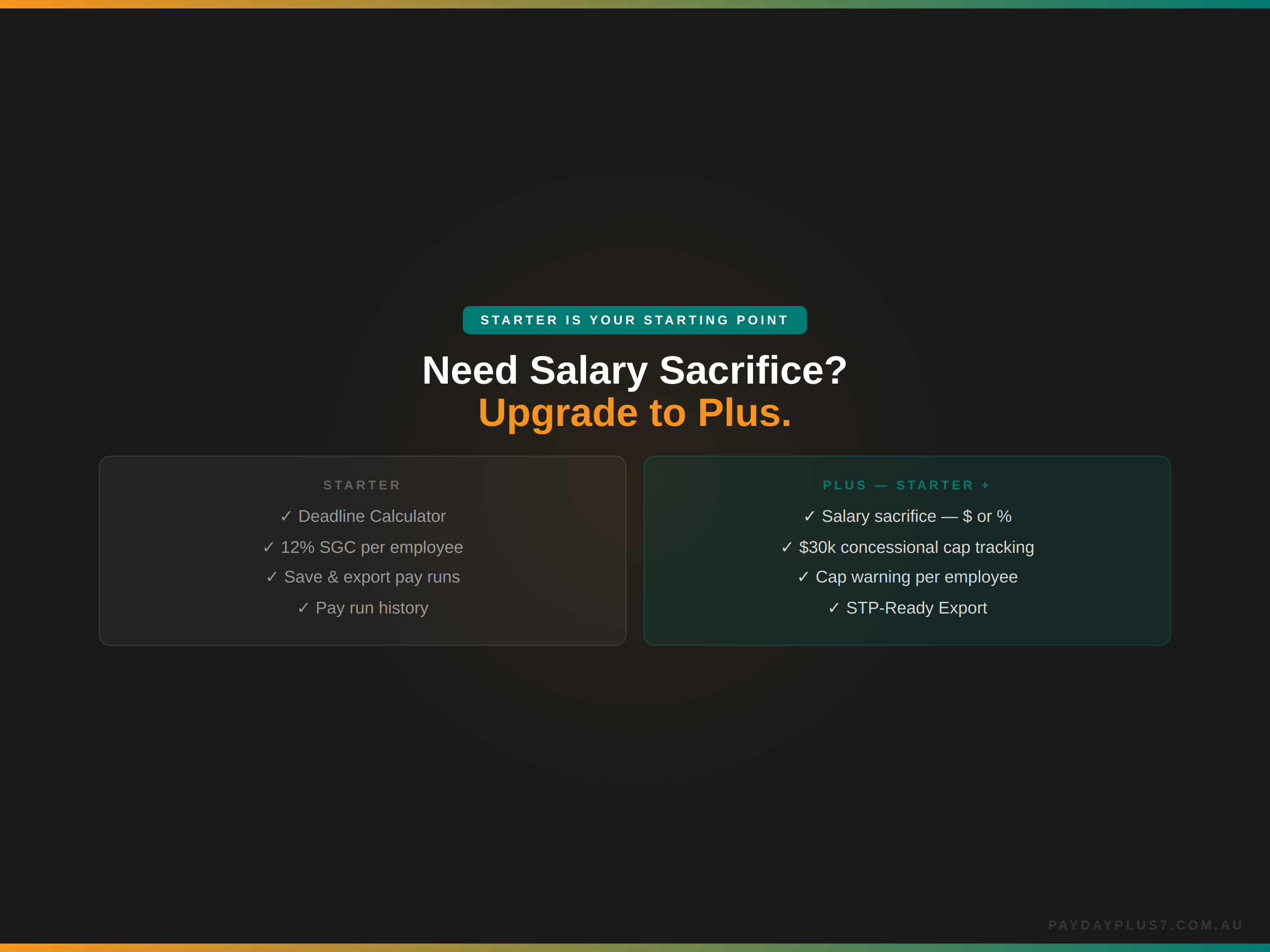 Screen displaying upgrade prompt from Starter to Plus plan with salary sacrifice feature.