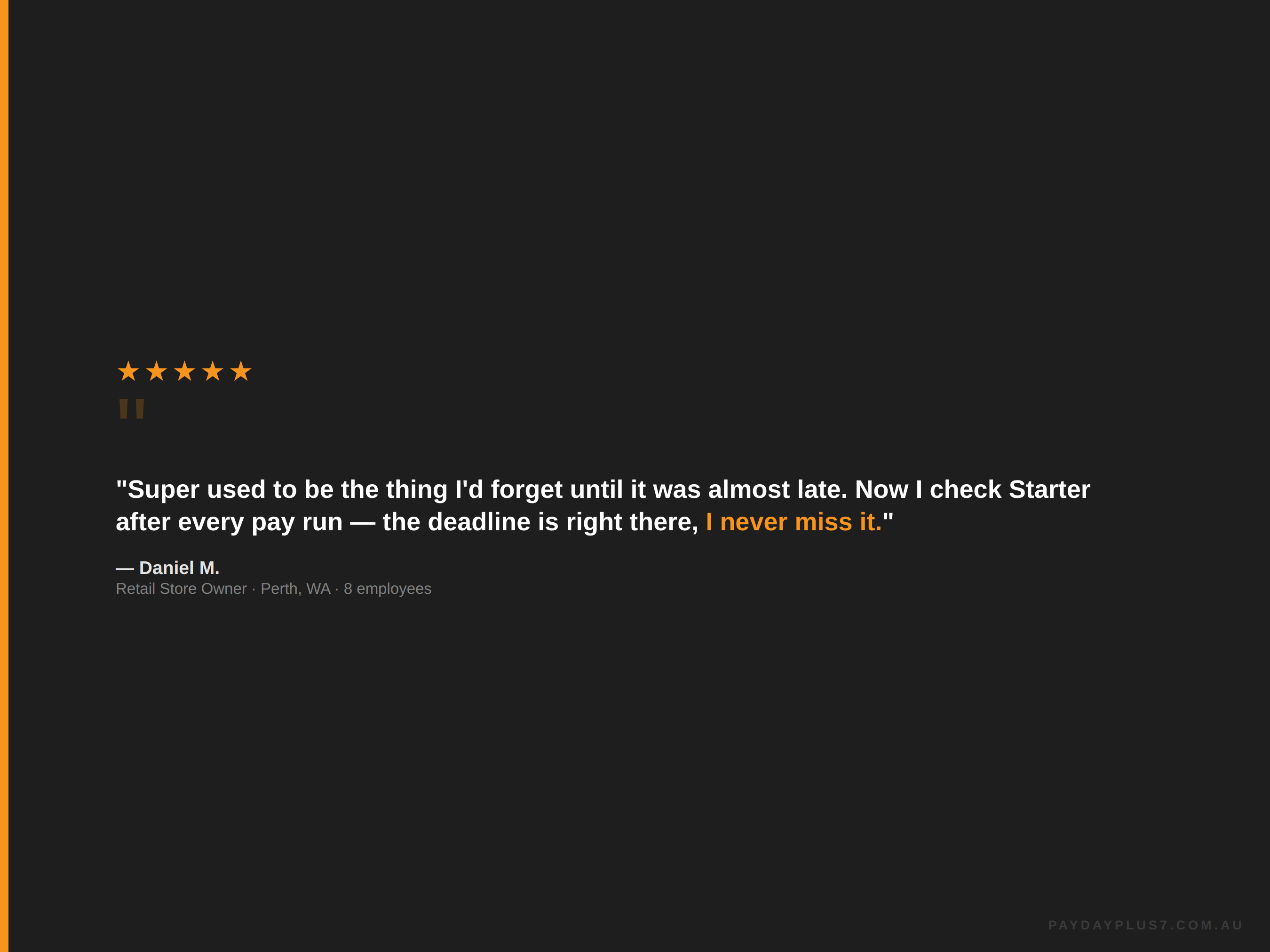 Quote from a retail store owner on a black background with five-star rating.