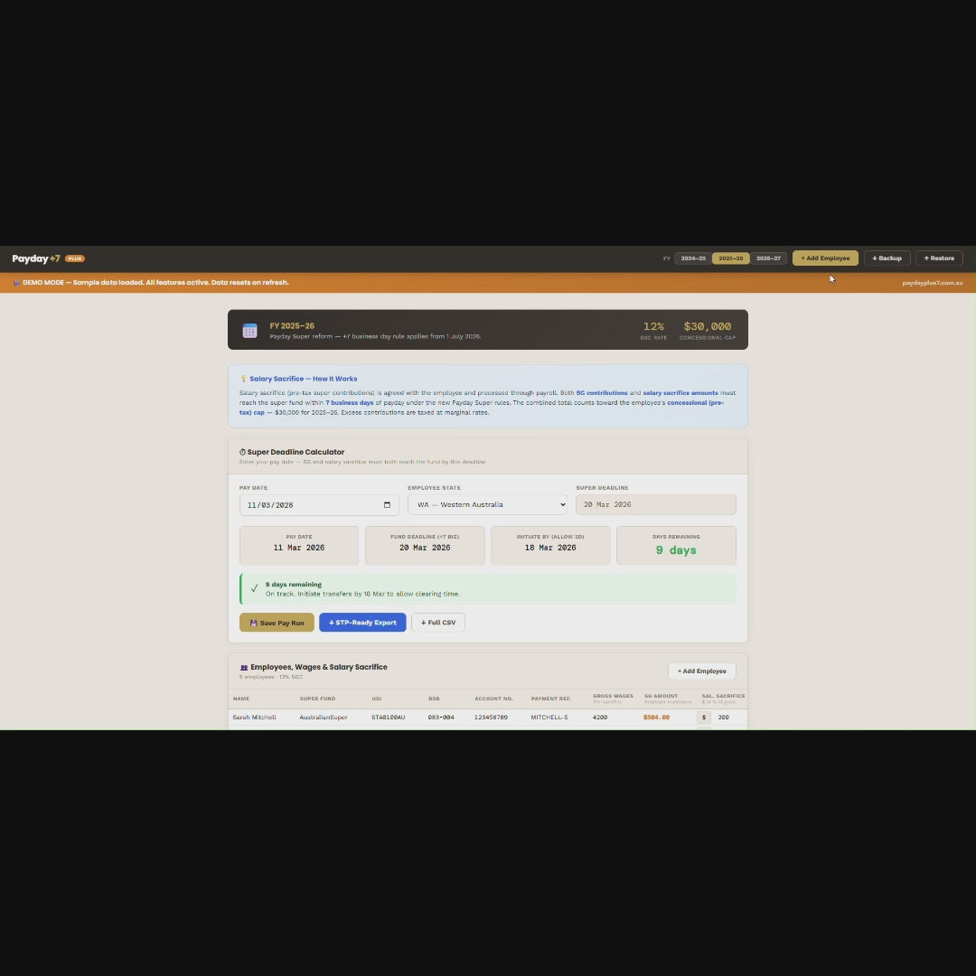 Payday +7 Plus —Australian Payday Super Deadline Cash Flow Tracker CSV Export