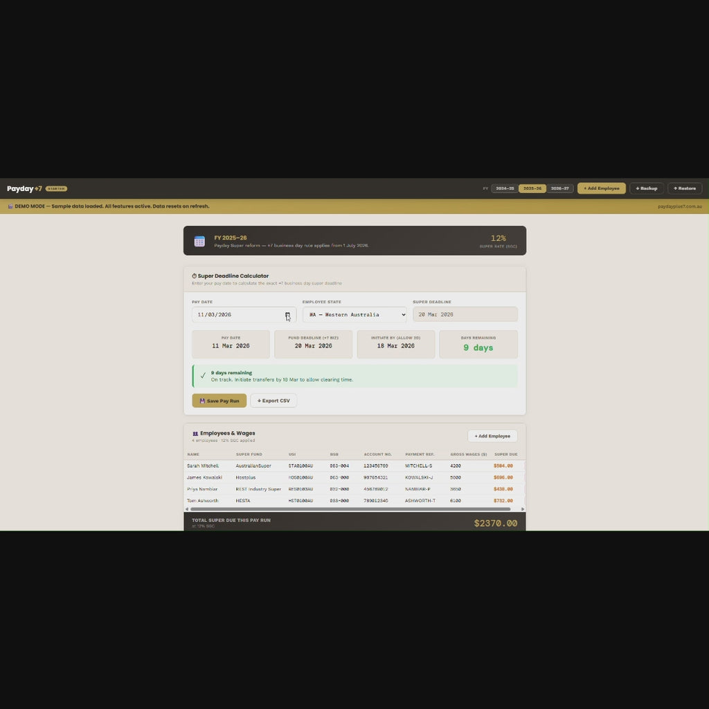 Payday +7 Starter — Payday Super Deadline Cash Flow Tracker Calculator