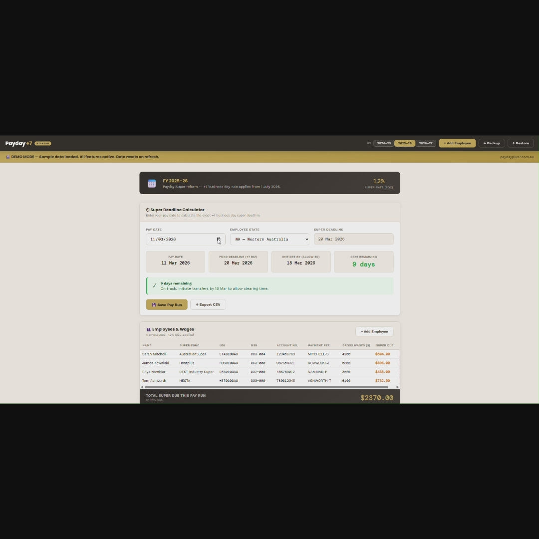 Payday +7 Starter — Payday Super Deadline Cash Flow Tracker Calculator